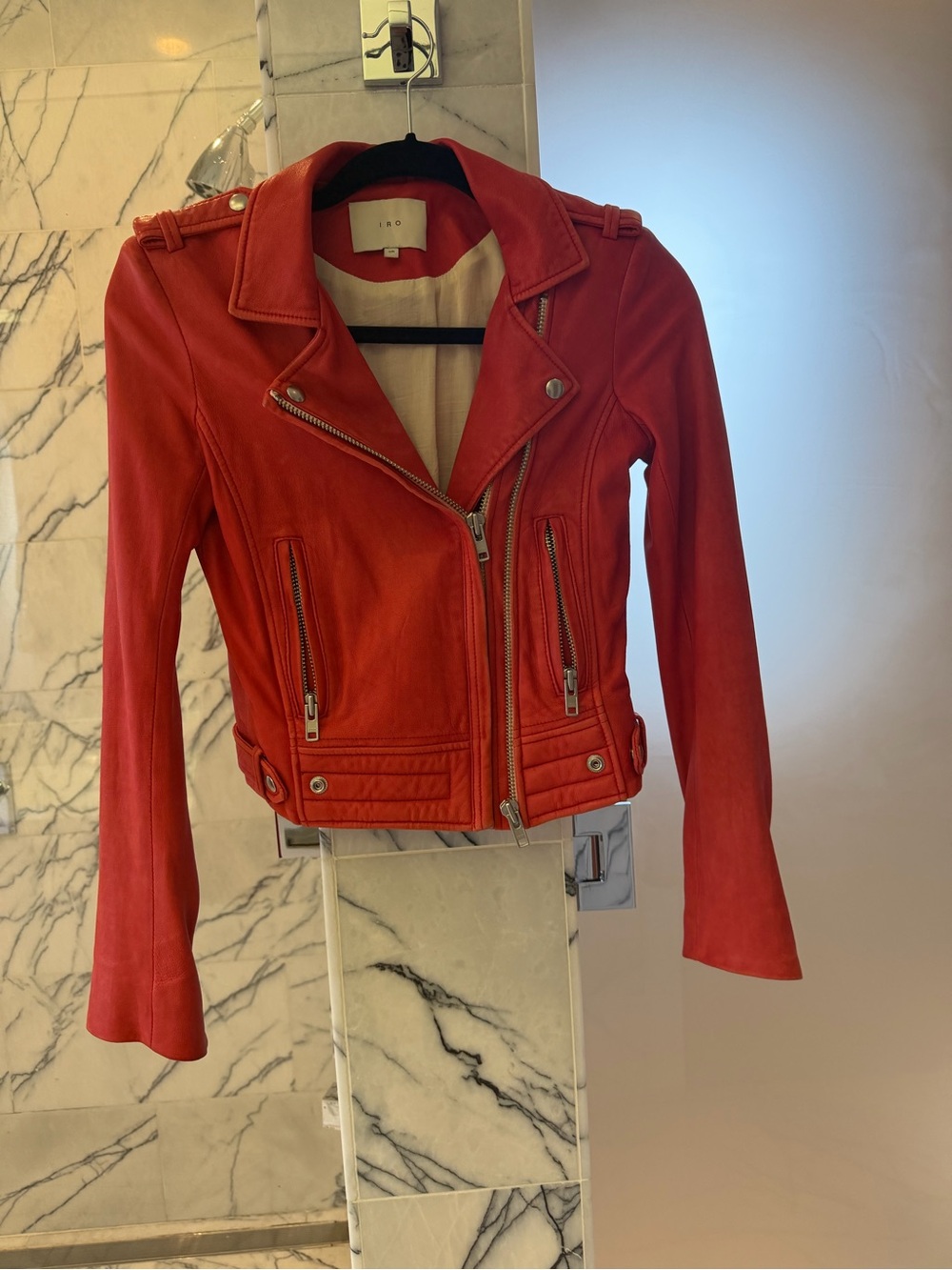 IRO Red Asymmetric Leather Biker Jacket